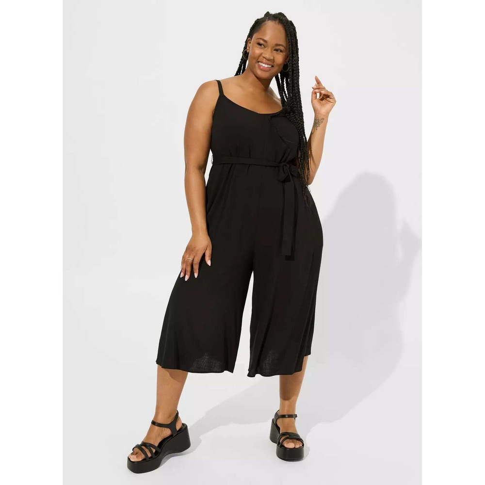 Torrid Black Rayon Slub Wide Leg Cami Jumpsuit Sleeveless V Neck Tie Waist 0 12